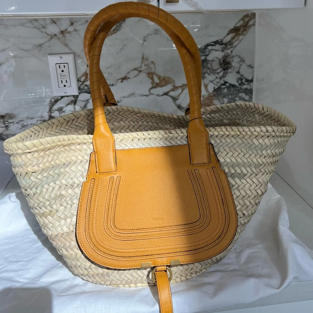 Chloe Marcie Medium Raffia Basket Tote Beach Bag Sunflower 🌻 Yellow - Picture 10 of 15